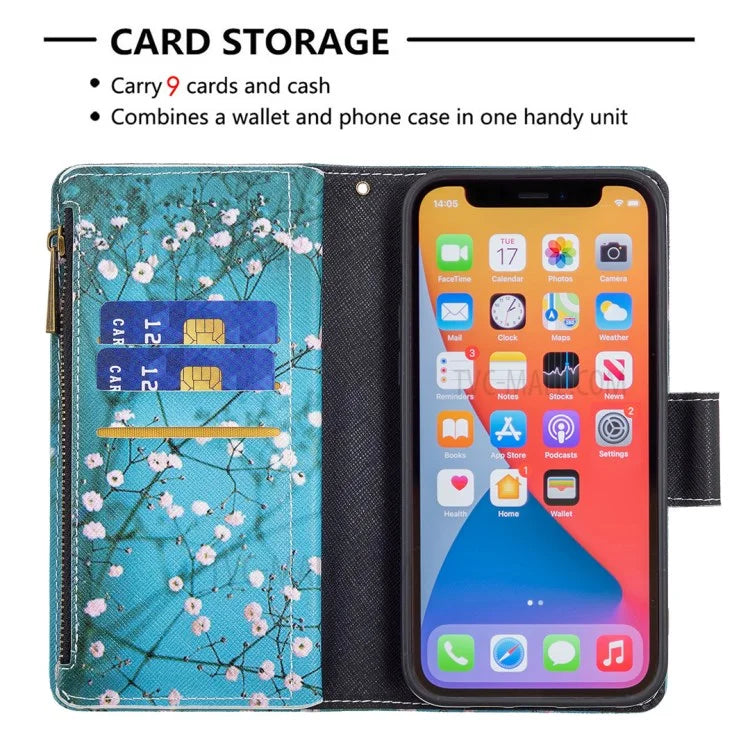 BF03 Stylish Pattern Printing 360° Protection Leather Stand Phone Cover with Wrist Strap and Zippered Wallet for iPhone 13 Pro Max 6.7 inch