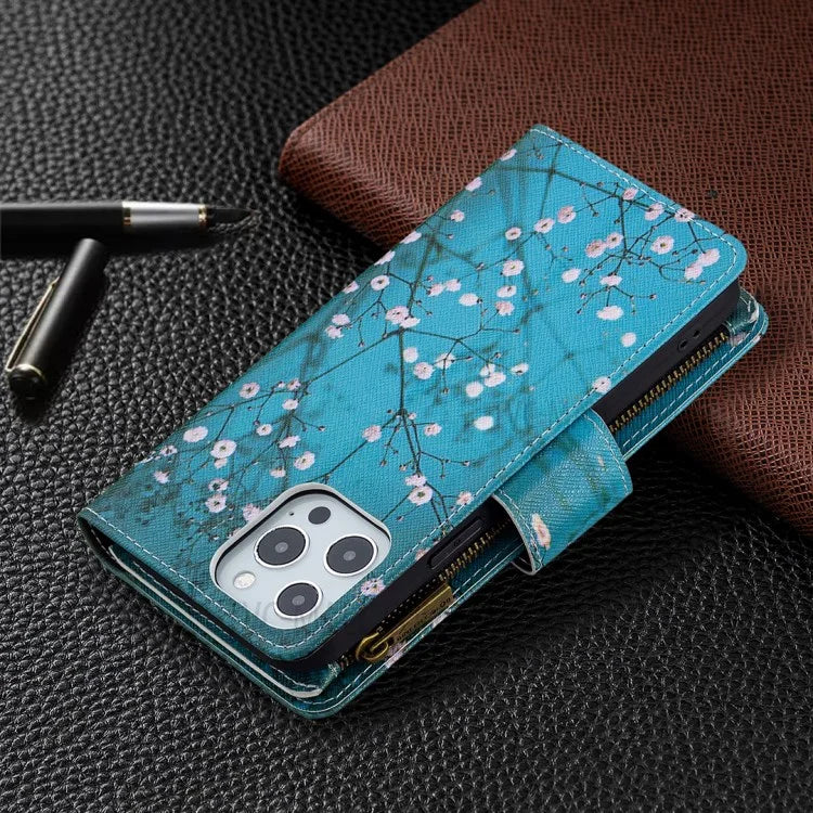 BF03 Stylish Pattern Printing 360° Protection Leather Stand Phone Cover with Wrist Strap and Zippered Wallet for iPhone 13 Pro Max 6.7 inch