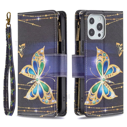 BF03 Stylish Pattern Printing 360° Protection Leather Stand Phone Cover with Wrist Strap and Zippered Wallet for iPhone 13 Pro Max 6.7 inch