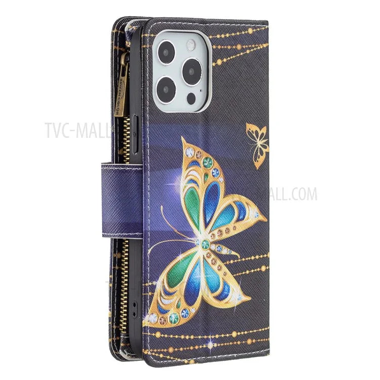 BF03 Stylish Pattern Printing 360° Protection Leather Stand Phone Cover with Wrist Strap and Zippered Wallet for iPhone 13 Pro Max 6.7 inch