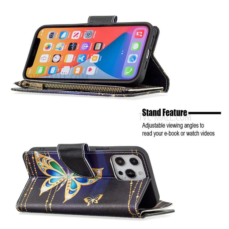 BF03 Stylish Pattern Printing 360° Protection Leather Stand Phone Cover with Wrist Strap and Zippered Wallet for iPhone 13 Pro Max 6.7 inch