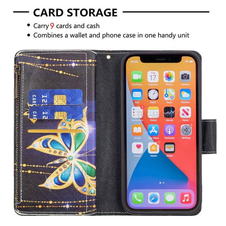 BF03 Stylish Pattern Printing 360° Protection Leather Stand Phone Cover with Wrist Strap and Zippered Wallet for iPhone 13 Pro Max 6.7 inch