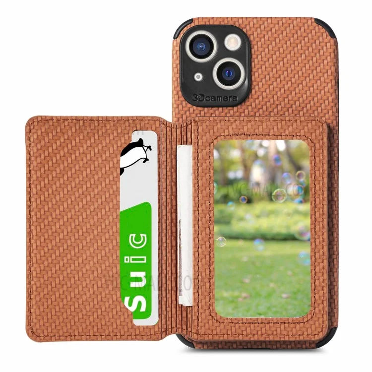 Scratch Resistant Carbon Fiber Texture Wallet Phone Case Design Built-in Magnet Leather Coated TPU Phone Cover with Kickstand for iPhone 13 mini 5.4 inch