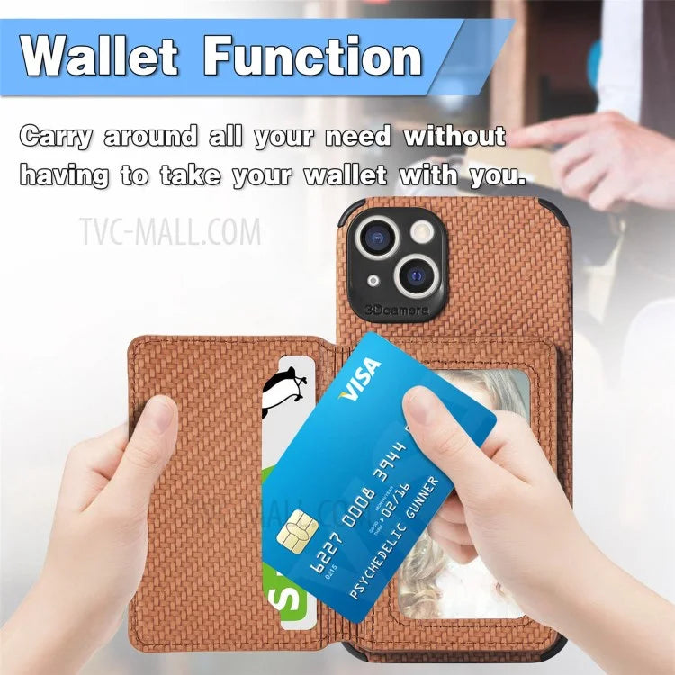 Scratch Resistant Carbon Fiber Texture Wallet Phone Case Design Built-in Magnet Leather Coated TPU Phone Cover with Kickstand for iPhone 13 mini 5.4 inch