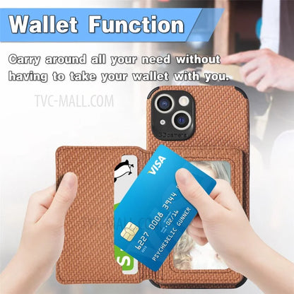 Scratch Resistant Carbon Fiber Texture Wallet Phone Case Design Built-in Magnet Leather Coated TPU Phone Cover with Kickstand for iPhone 13 mini 5.4 inch