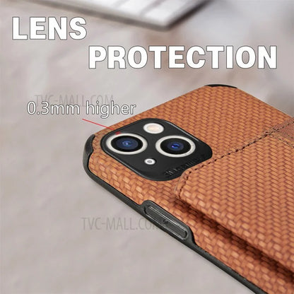 Scratch Resistant Carbon Fiber Texture Wallet Phone Case Design Built-in Magnet Leather Coated TPU Phone Cover with Kickstand for iPhone 13 mini 5.4 inch