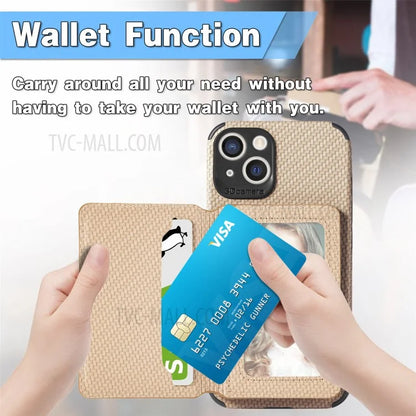 Scratch Resistant Carbon Fiber Texture Wallet Phone Case Design Built-in Magnet Leather Coated TPU Phone Cover with Kickstand for iPhone 13 mini 5.4 inch