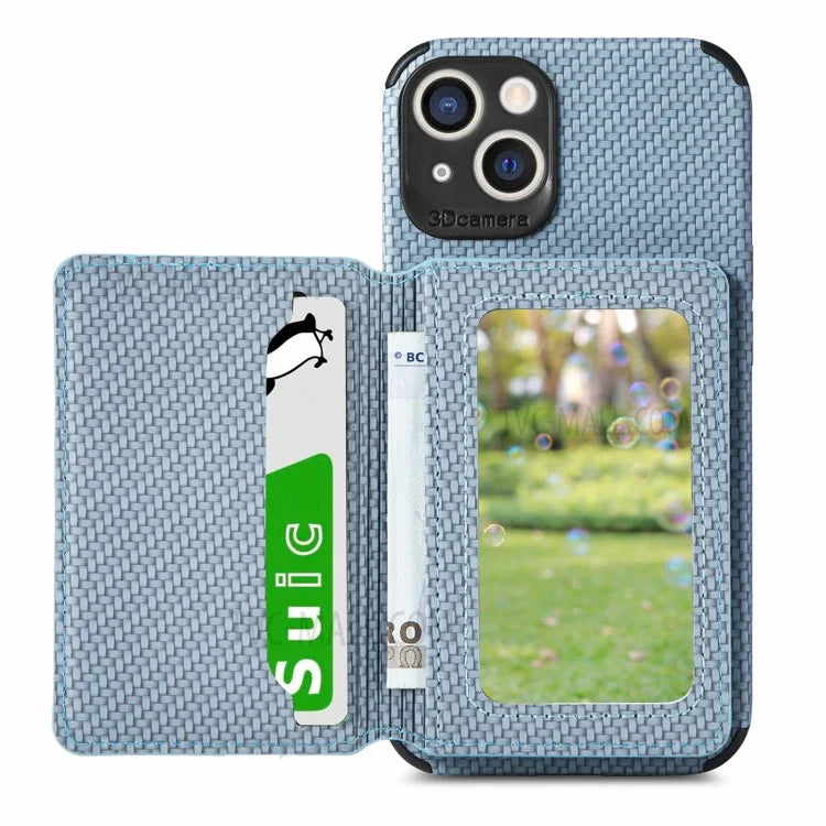 Scratch Resistant Carbon Fiber Texture Wallet Phone Case Design Built-in Magnet Leather Coated TPU Phone Cover with Kickstand for iPhone 13 mini 5.4 inch