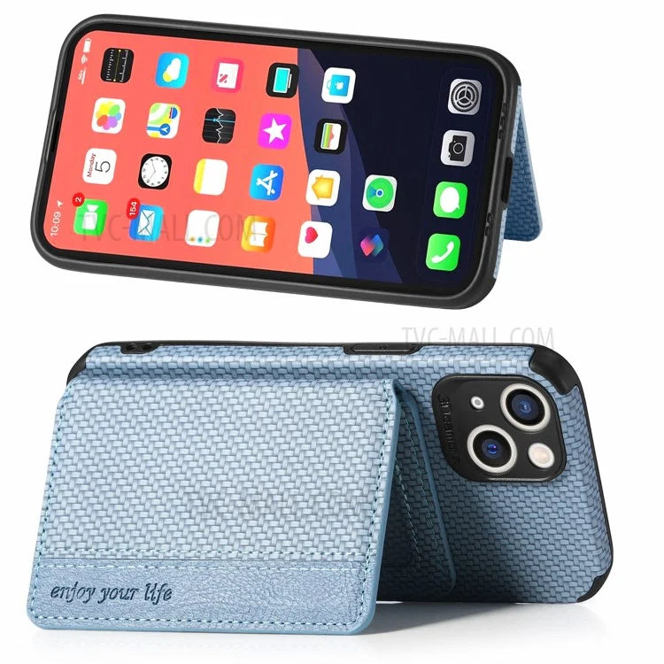 Scratch Resistant Carbon Fiber Texture Wallet Phone Case Design Built-in Magnet Leather Coated TPU Phone Cover with Kickstand for iPhone 13 mini 5.4 inch