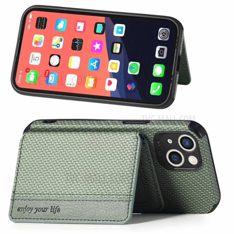 Scratch Resistant Carbon Fiber Texture Wallet Phone Case Design Built-in Magnet Leather Coated TPU Phone Cover with Kickstand for iPhone 13 mini 5.4 inch