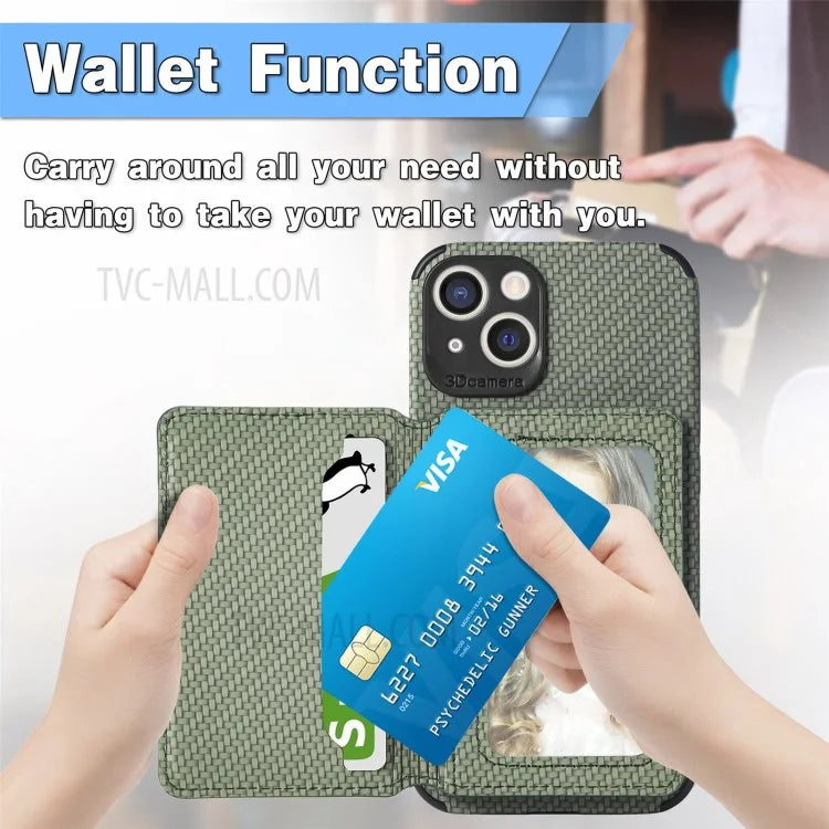 Scratch Resistant Carbon Fiber Texture Wallet Phone Case Design Built-in Magnet Leather Coated TPU Phone Cover with Kickstand for iPhone 13 mini 5.4 inch