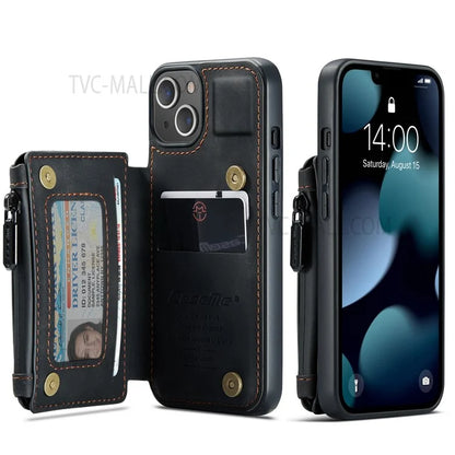 CASEME C20 Series Shockproof Anti-theft Zipper Pocket Wallet Design PU Leather and TPU Back Cover Phone Case for iPhone 13 6.1 inch