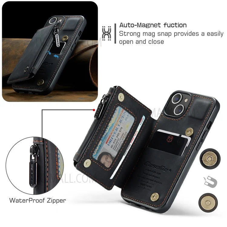 CASEME C20 Series Shockproof Anti-theft Zipper Pocket Wallet Design PU Leather and TPU Back Cover Phone Case for iPhone 13 6.1 inch