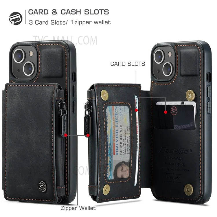 CASEME C20 Series Shockproof Anti-theft Zipper Pocket Wallet Design PU Leather and TPU Back Cover Phone Case for iPhone 13 6.1 inch
