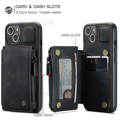 CASEME C20 Series Shockproof Anti-theft Zipper Pocket Wallet Design PU Leather and TPU Back Cover Phone Case for iPhone 13 6.1 inch