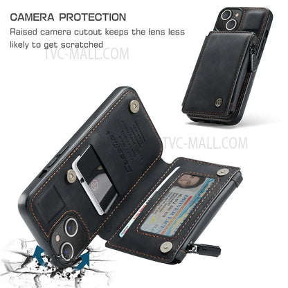 CASEME C20 Series Shockproof Anti-theft Zipper Pocket Wallet Design PU Leather and TPU Back Cover Phone Case for iPhone 13 6.1 inch
