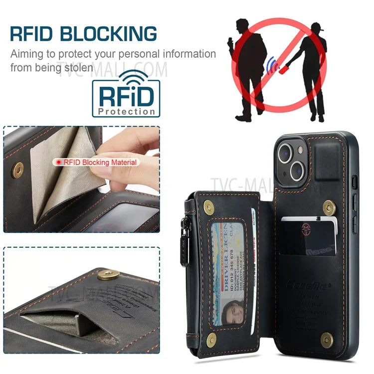 CASEME C20 Series Shockproof Anti-theft Zipper Pocket Wallet Design PU Leather and TPU Back Cover Phone Case for iPhone 13 6.1 inch