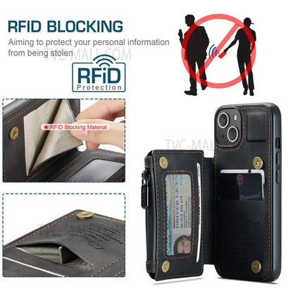 CASEME C20 Series Shockproof Anti-theft Zipper Pocket Wallet Design PU Leather and TPU Back Cover Phone Case for iPhone 13 6.1 inch