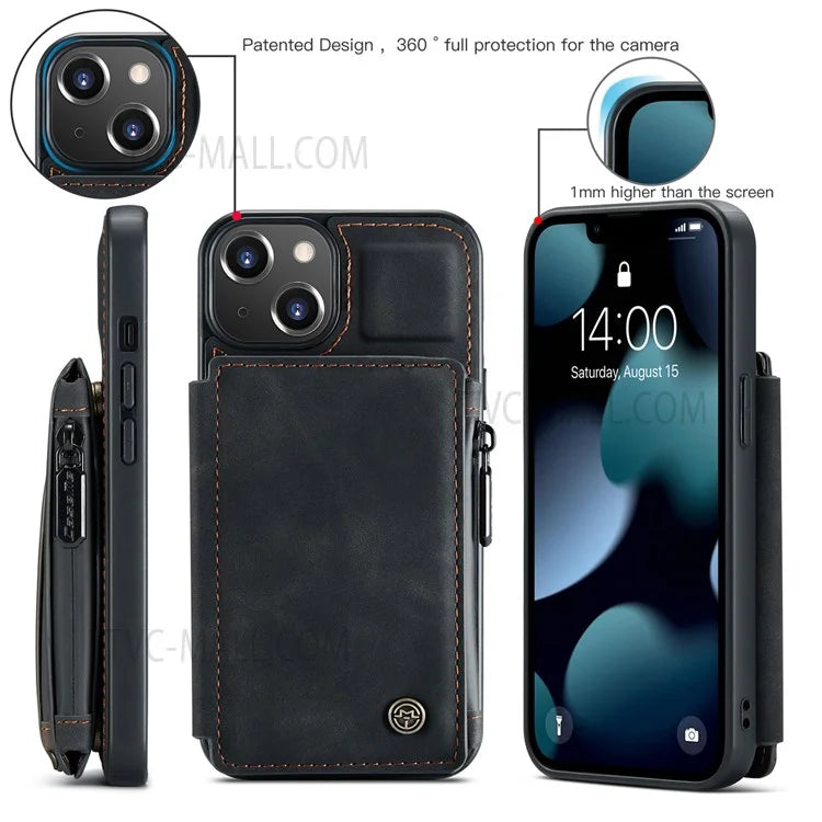 CASEME C20 Series Shockproof Anti-theft Zipper Pocket Wallet Design PU Leather and TPU Back Cover Phone Case for iPhone 13 6.1 inch
