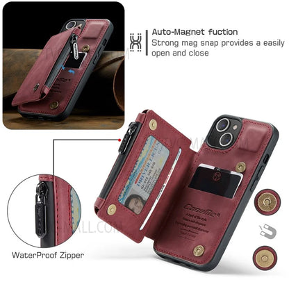 CASEME C20 Series Shockproof Anti-theft Zipper Pocket Wallet Design PU Leather and TPU Back Cover Phone Case for iPhone 13 6.1 inch