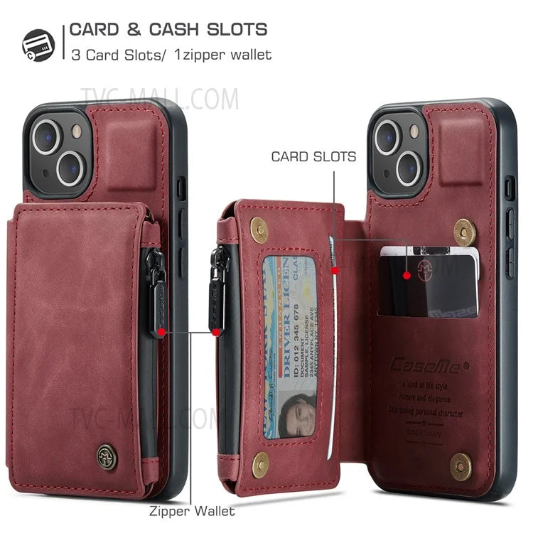 CASEME C20 Series Shockproof Anti-theft Zipper Pocket Wallet Design PU Leather and TPU Back Cover Phone Case for iPhone 13 6.1 inch