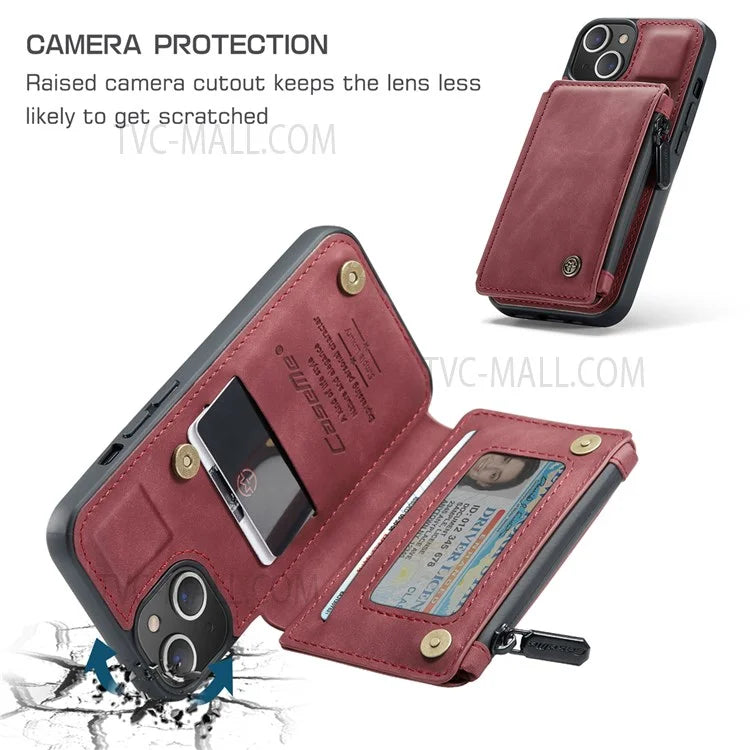 CASEME C20 Series Shockproof Anti-theft Zipper Pocket Wallet Design PU Leather and TPU Back Cover Phone Case for iPhone 13 6.1 inch
