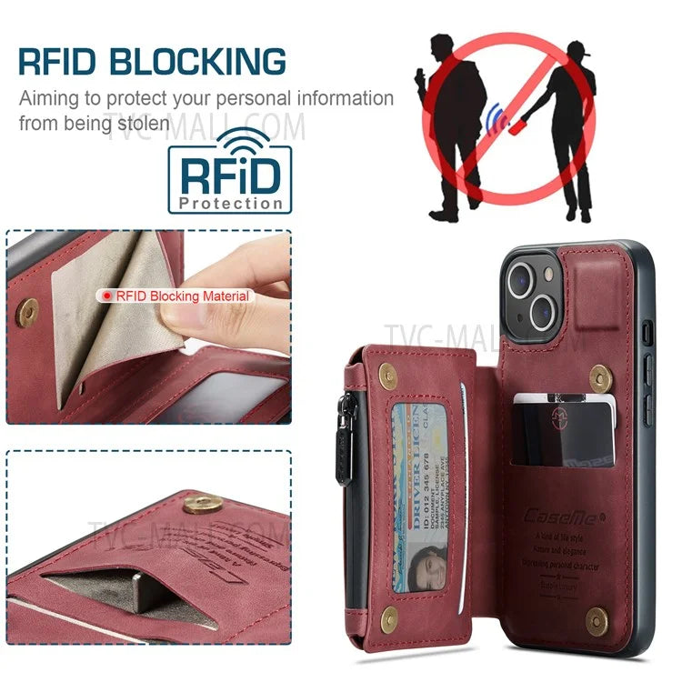 CASEME C20 Series Shockproof Anti-theft Zipper Pocket Wallet Design PU Leather and TPU Back Cover Phone Case for iPhone 13 6.1 inch