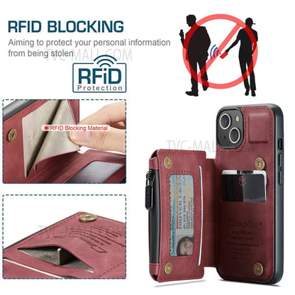 CASEME C20 Series Shockproof Anti-theft Zipper Pocket Wallet Design PU Leather and TPU Back Cover Phone Case for iPhone 13 6.1 inch