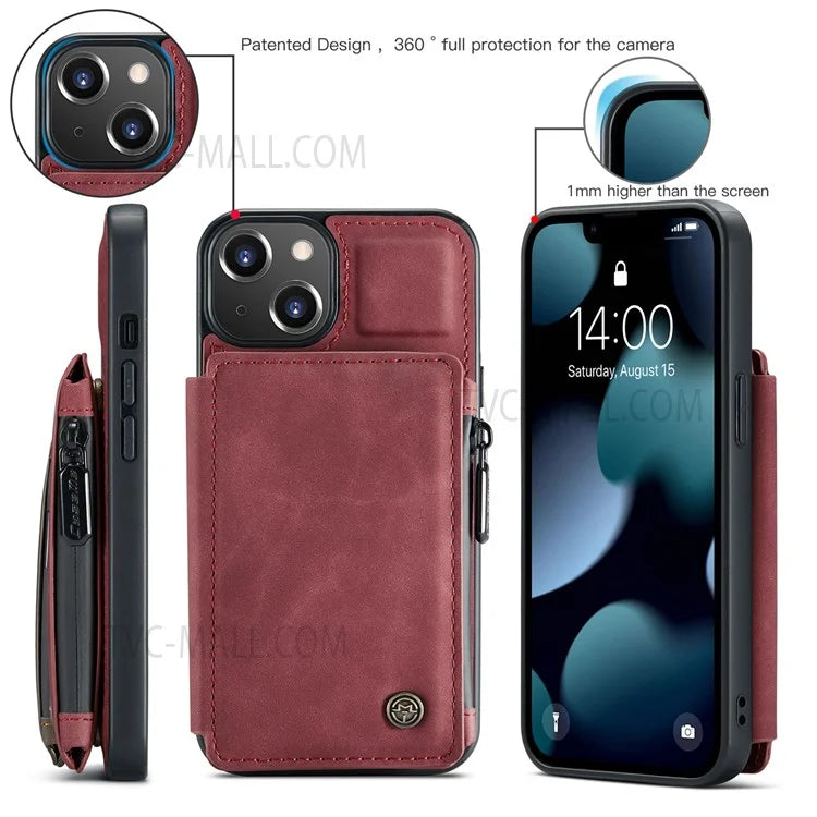 CASEME C20 Series Shockproof Anti-theft Zipper Pocket Wallet Design PU Leather and TPU Back Cover Phone Case for iPhone 13 6.1 inch