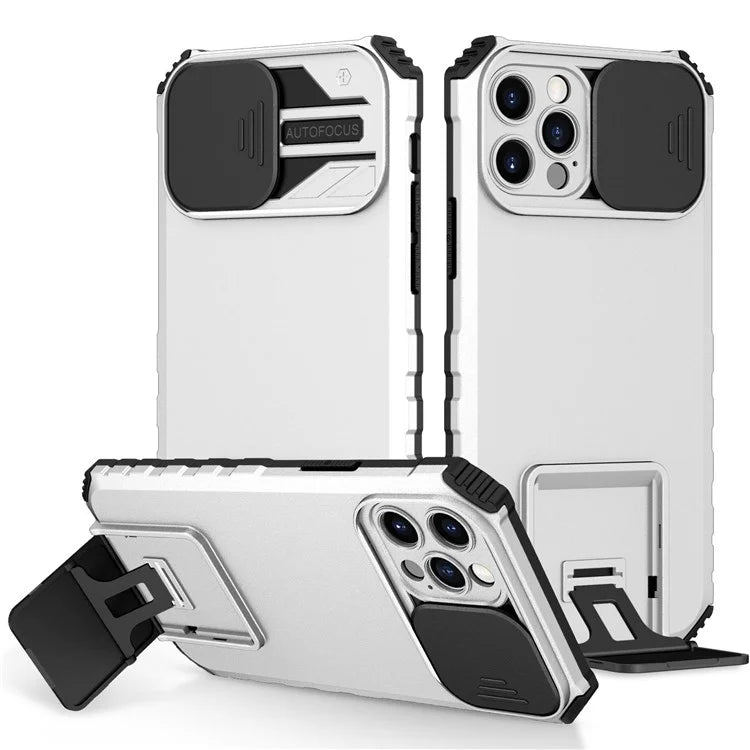 Adjustable Vertical Kickstand Phone Case for iPhone 12 Pro 6.1 inch, TPU + PC Camera Slide Cover Protective Shell
