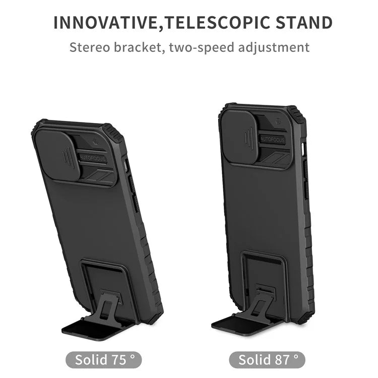 Adjustable Vertical Kickstand Phone Case for iPhone 12 Pro 6.1 inch, TPU + PC Camera Slide Cover Protective Shell