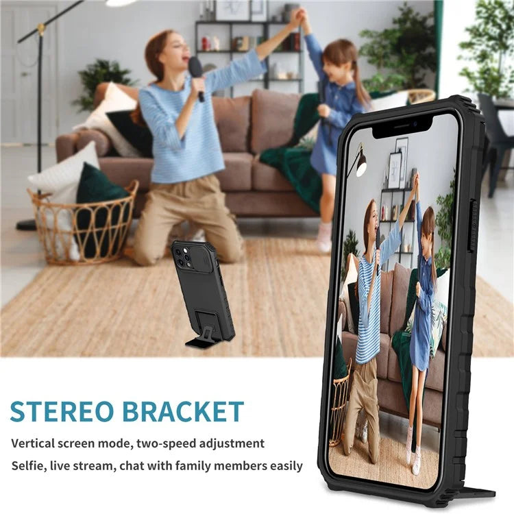 Adjustable Vertical Kickstand Phone Case for iPhone 12 Pro 6.1 inch, TPU + PC Camera Slide Cover Protective Shell