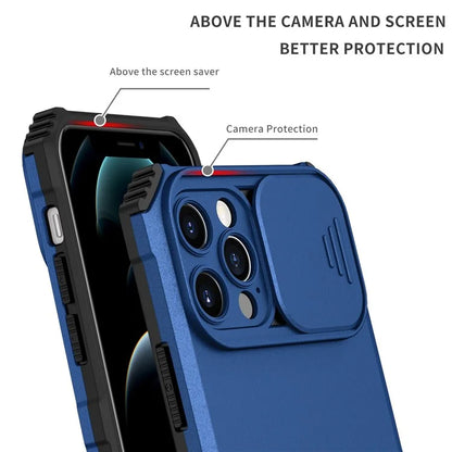 Adjustable Vertical Kickstand Phone Case for iPhone 12 Pro 6.1 inch, TPU + PC Camera Slide Cover Protective Shell