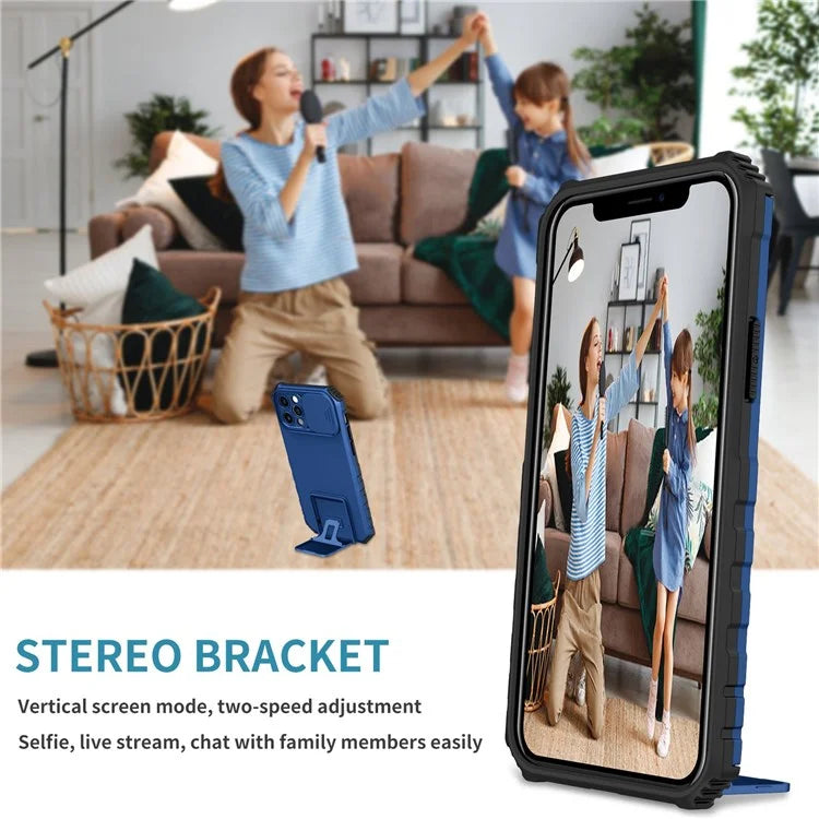 Adjustable Vertical Kickstand Phone Case for iPhone 12 Pro 6.1 inch, TPU + PC Camera Slide Cover Protective Shell