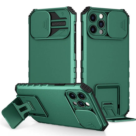 Adjustable Vertical Kickstand Phone Case for iPhone 12 Pro 6.1 inch, TPU + PC Camera Slide Cover Protective Shellish Green