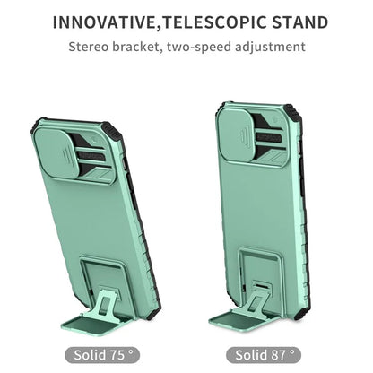 Adjustable Vertical Kickstand Phone Case for iPhone 12 Pro 6.1 inch, TPU + PC Camera Slide Cover Protective Shell