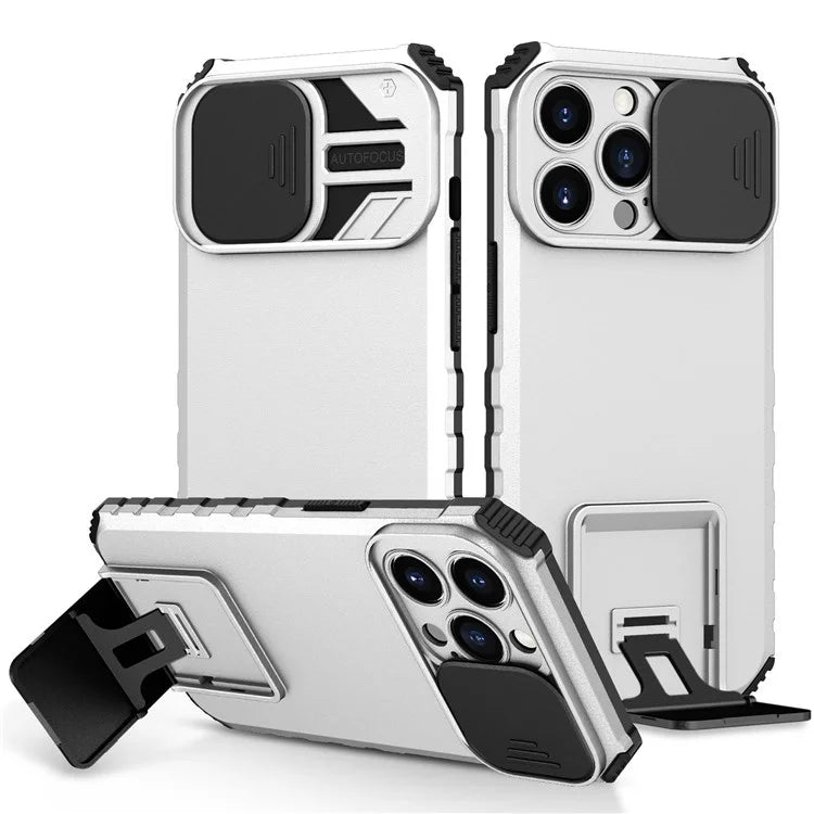 For iPhone 13 Pro 6.1 inch Camera Slider Design Adjustable Vertical Kickstand Phone Case PC + TPU Protective Cover