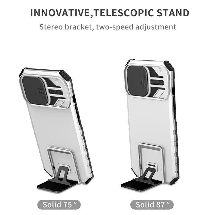 For iPhone 13 Pro 6.1 inch Camera Slider Design Adjustable Vertical Kickstand Phone Case PC + TPU Protective Cover