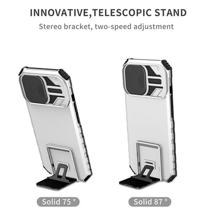 For iPhone 13 Pro 6.1 inch Camera Slider Design Adjustable Vertical Kickstand Phone Case PC + TPU Protective Cover