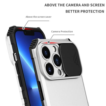 For iPhone 13 Pro 6.1 inch Camera Slider Design Adjustable Vertical Kickstand Phone Case PC + TPU Protective Cover
