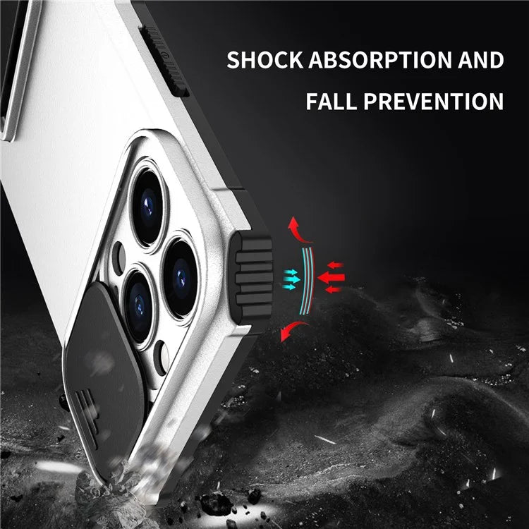 For iPhone 13 Pro 6.1 inch Camera Slider Design Adjustable Vertical Kickstand Phone Case PC + TPU Protective Cover