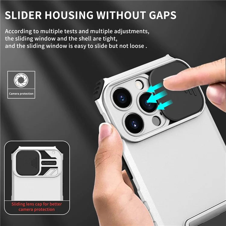 For iPhone 13 Pro 6.1 inch Camera Slider Design Adjustable Vertical Kickstand Phone Case PC + TPU Protective Cover