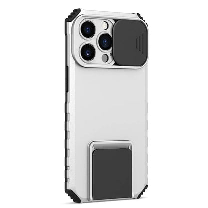 For iPhone 13 Pro 6.1 inch Camera Slider Design Adjustable Vertical Kickstand Phone Case PC + TPU Protective Cover
