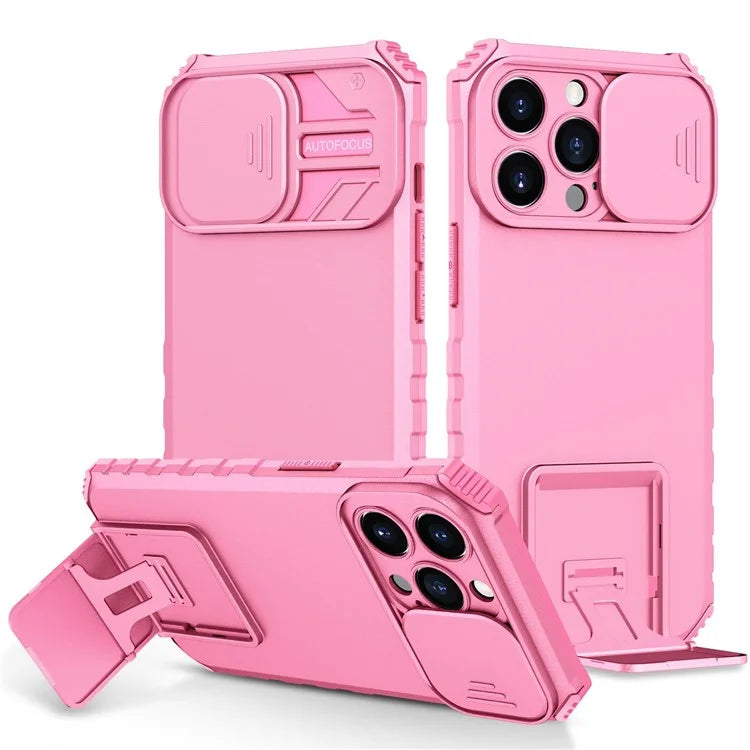 For iPhone 13 Pro 6.1 inch Camera Slider Design Adjustable Vertical Kickstand Phone Case PC + TPU Protective Cover