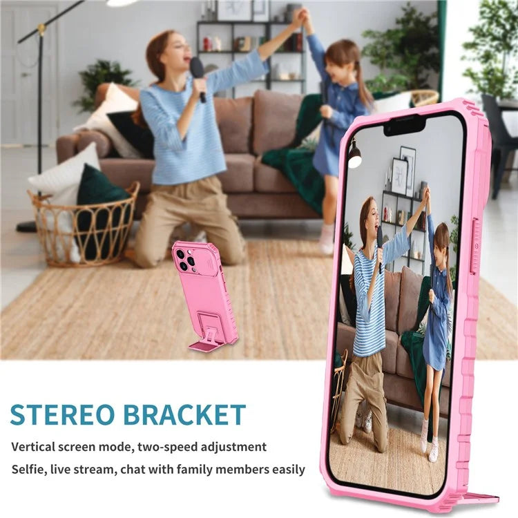 For iPhone 13 Pro 6.1 inch Camera Slider Design Adjustable Vertical Kickstand Phone Case PC + TPU Protective Cover