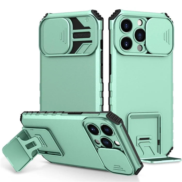 For iPhone 13 Pro 6.1 inch Camera Slider Design Adjustable Vertical Kickstand Phone Case PC + TPU Protective Cover