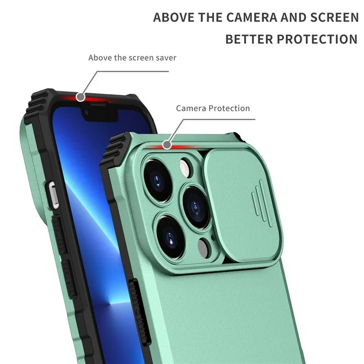 For iPhone 13 Pro 6.1 inch Camera Slider Design Adjustable Vertical Kickstand Phone Case PC + TPU Protective Cover