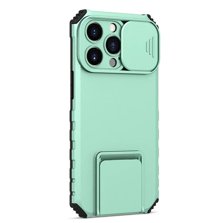 For iPhone 13 Pro 6.1 inch Camera Slider Design Adjustable Vertical Kickstand Phone Case PC + TPU Protective Cover