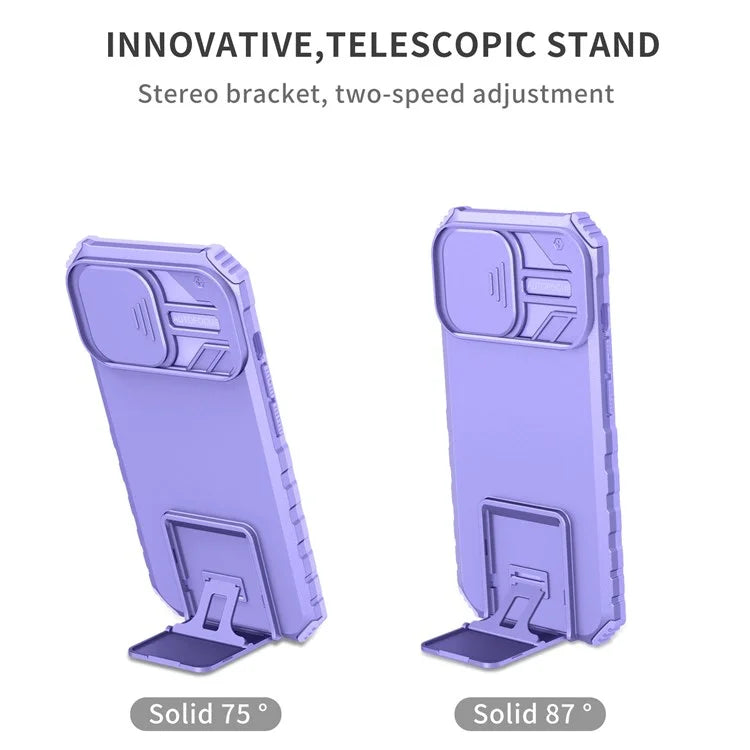 For iPhone 13 Pro 6.1 inch Camera Slider Design Adjustable Vertical Kickstand Phone Case PC + TPU Protective Cover