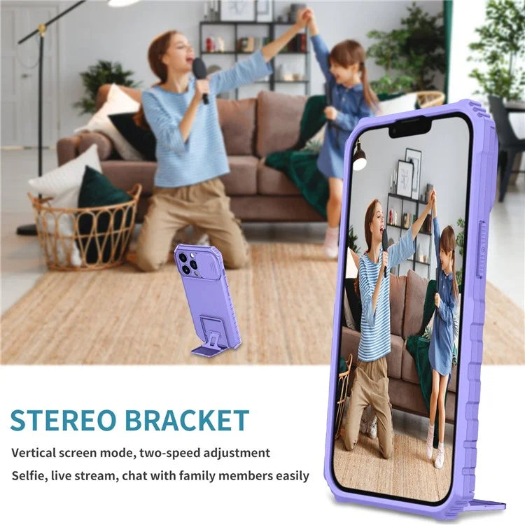 For iPhone 13 Pro 6.1 inch Camera Slider Design Adjustable Vertical Kickstand Phone Case PC + TPU Protective Cover